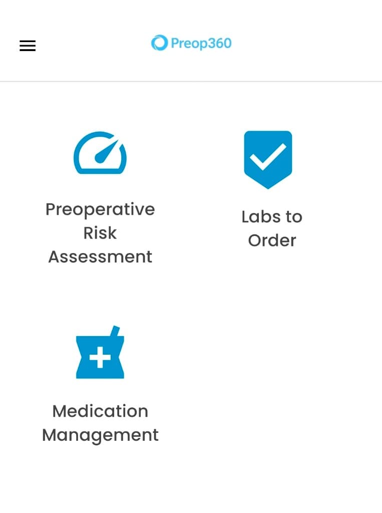 Preop360 home screen showing Preoperative Cardiac Risk Assessment, Labs to Order, and Medication Management options